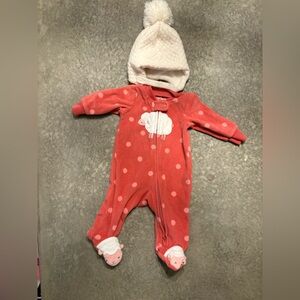 Fleece Coral Polka Dot Sheep Footie with Winter Hat